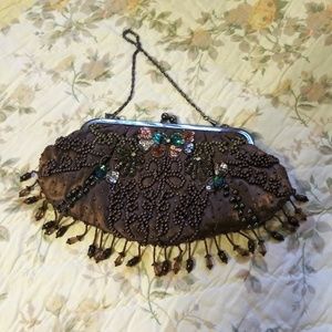 Gorgeous EVENING BAG Beads Sequins & Brown Satin